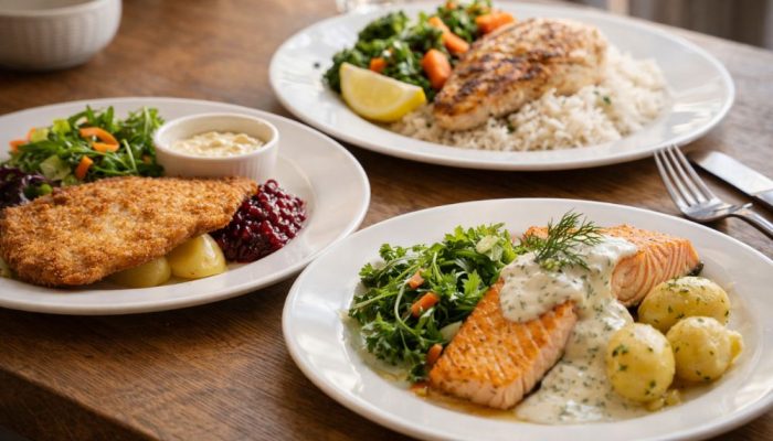 Dagens lunch i hos Bredbar Kök & Deli med flera varmrätter som kött, fisk och kyckling