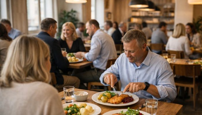 Lunchrestaurang i Frösunda med gäster som äter svensk husmanskost