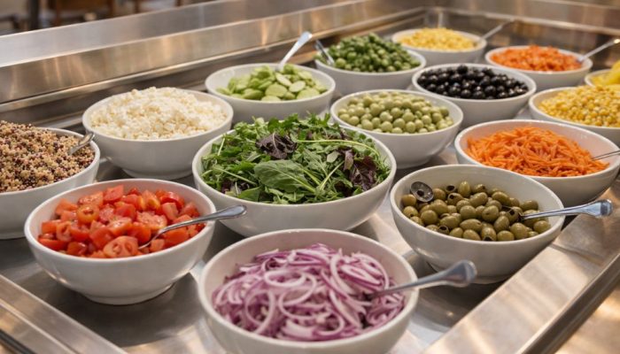 Salladsbuffé med färska grönsaker och tillbehör som ingår i lunchen